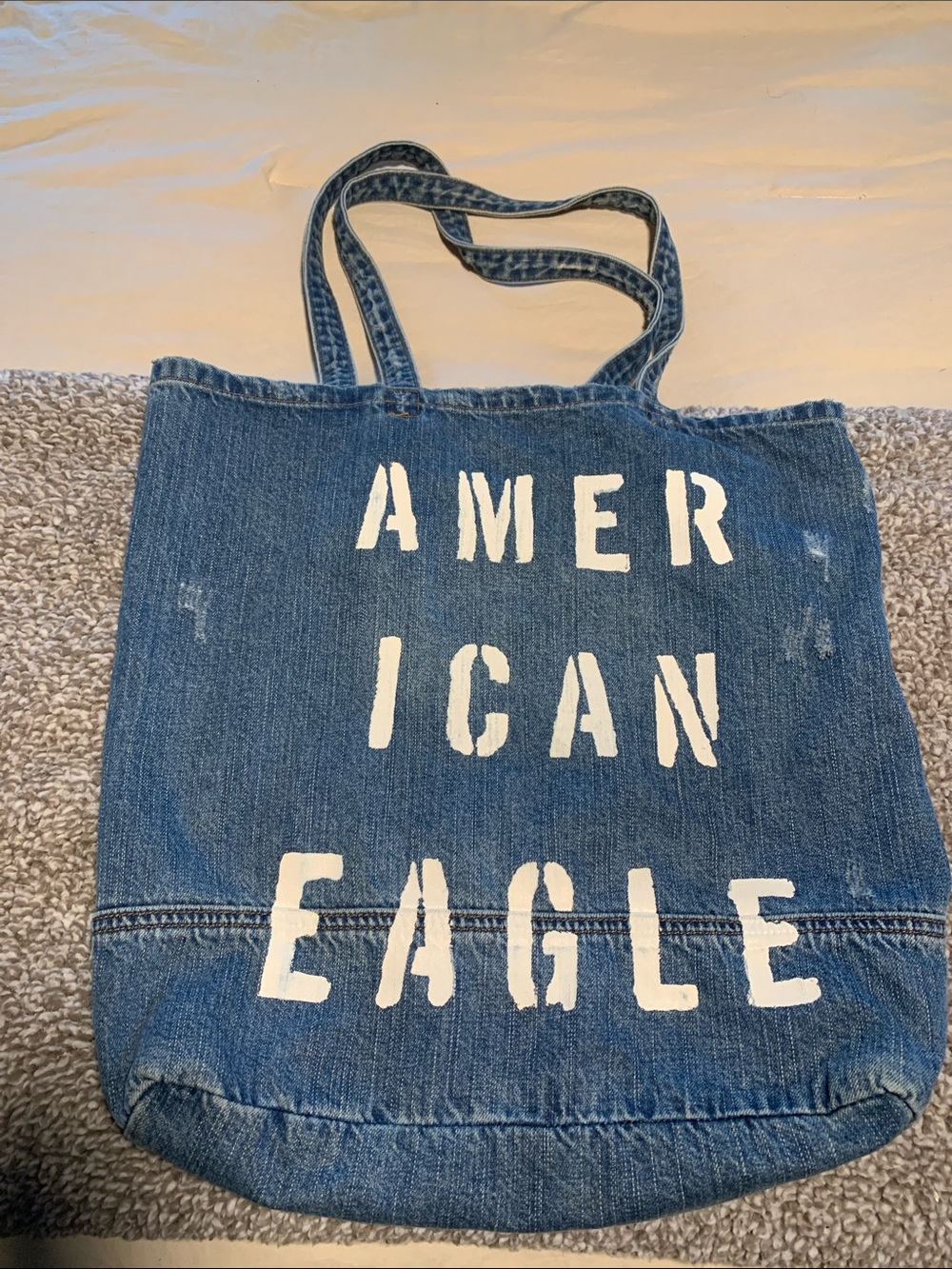 American Eagle Outfitters Denim Blue Tote with White Lettering